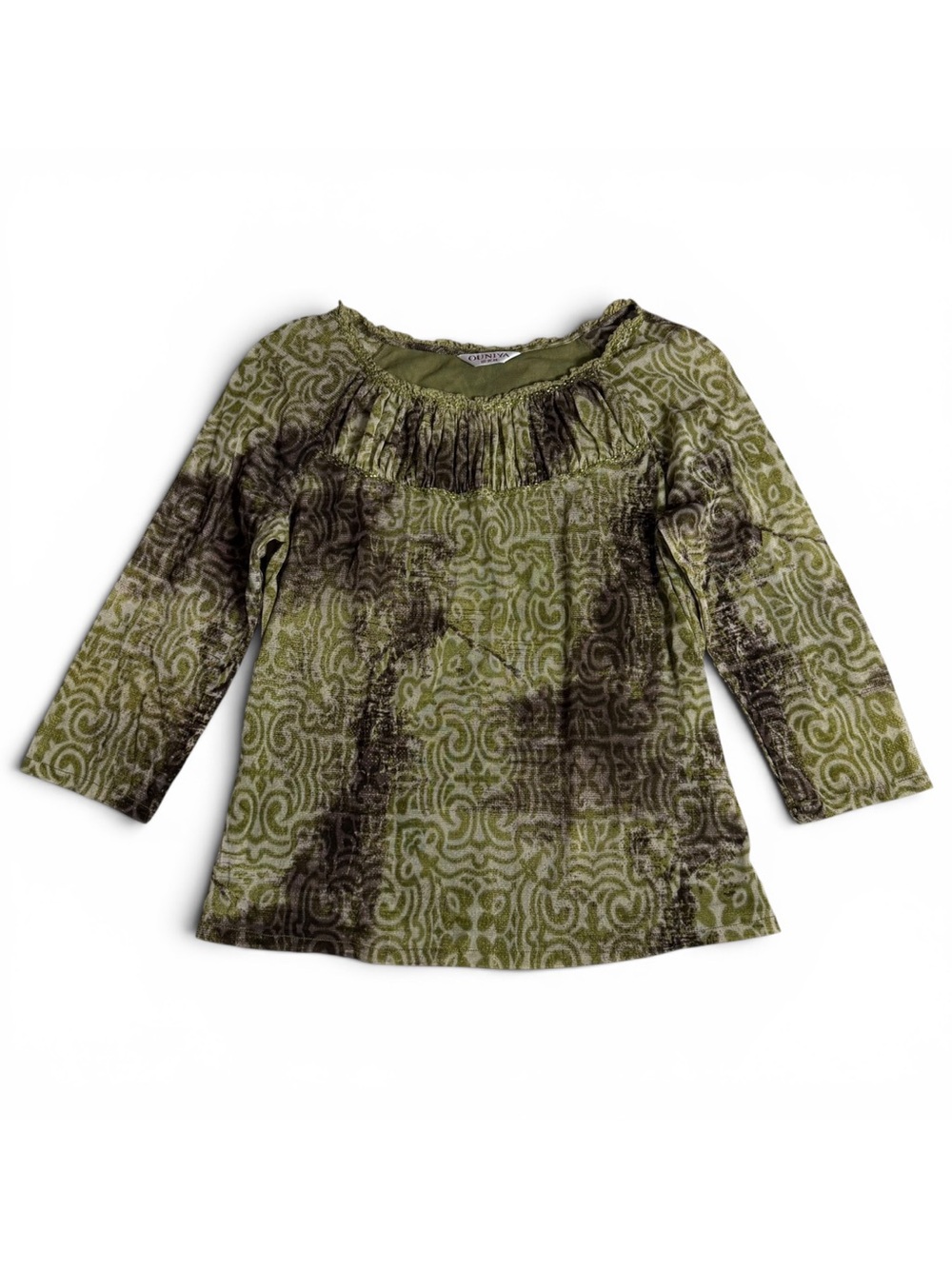 OUNIYA Chinese Fashion Green & Brown Pattern Beaded Ruffle Neck Mesh Blouse